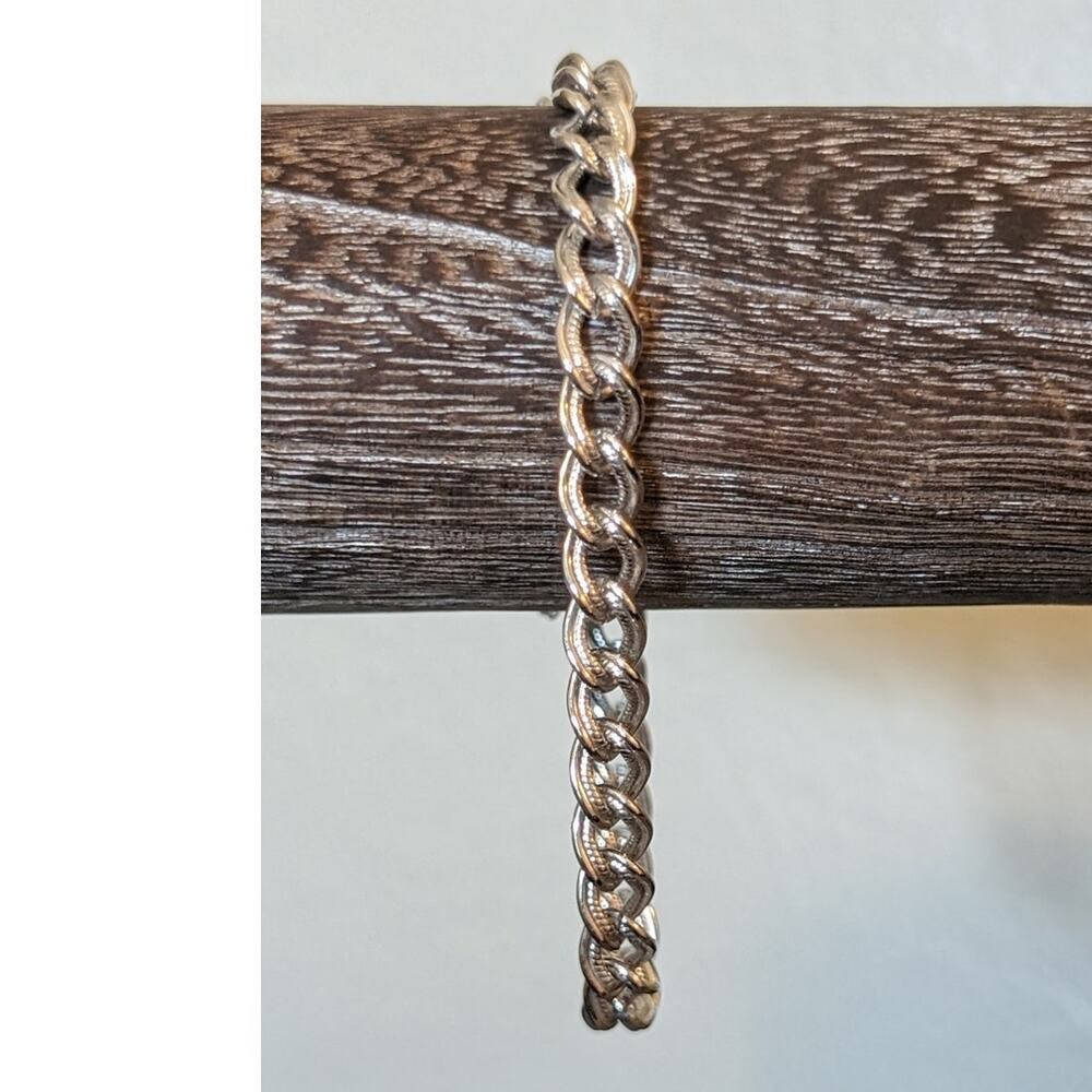 Vintage Monet Silver Plated Textured Link Safety Clasp Charm Bracelet